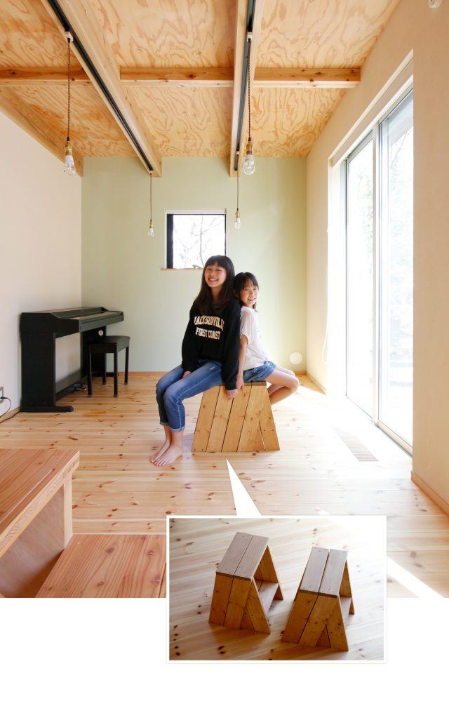 端材でDIYした椅子（デザイン：石巻工房）。