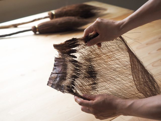 シュロの皮の繊維。木の皮がそのまま細い繊維になっているのが不思議で、とてもきれい