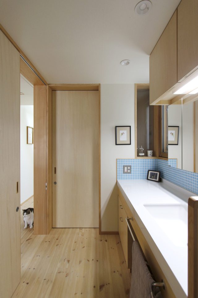 青タイルが爽やかな洗面スペース。猫ちゃんがちらり。