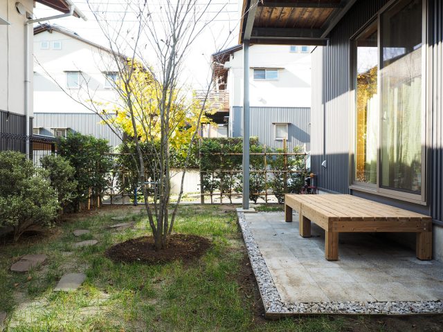 庭には木肌の白銀が美しいシラキ