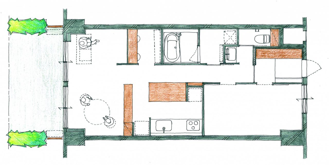 AFTER ：３DKから１LDK＋ワークスペースに。空間を大きくとり、視線を遮らない低い家具で居場所を緩やかに仕切ることで無駄なく広々と使えるように。