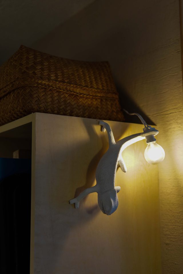 ヤモリの照明はキッチンの本棚横に。ちょっと本を見たい時に役立ちそうです。