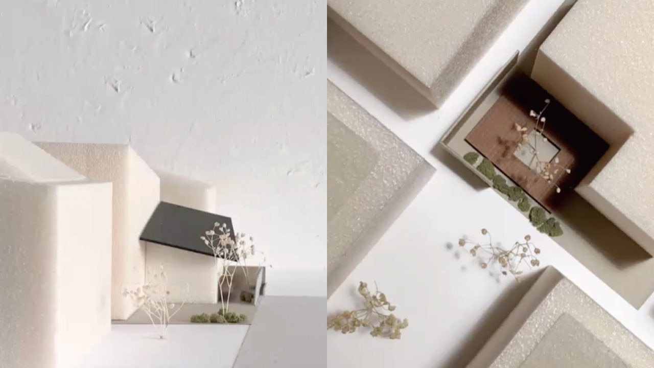 小屋のような下屋と、抜けのある北側デッキ