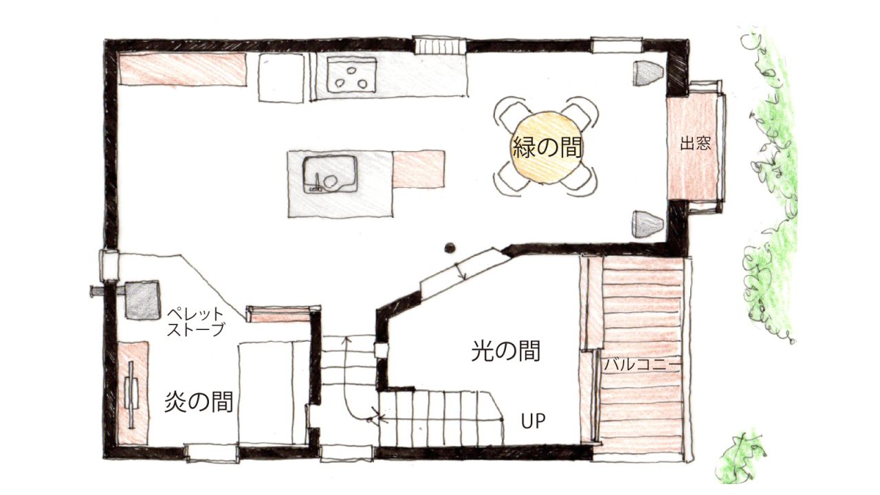 ２階プラン（しまだ設計室より）。アイランドキッチンを中心に据え、緩やかに”間”を３つに分けている。それぞれを直角の壁で仕切らず、斜めの線で分けることで、空間に広がりが感じられる。
