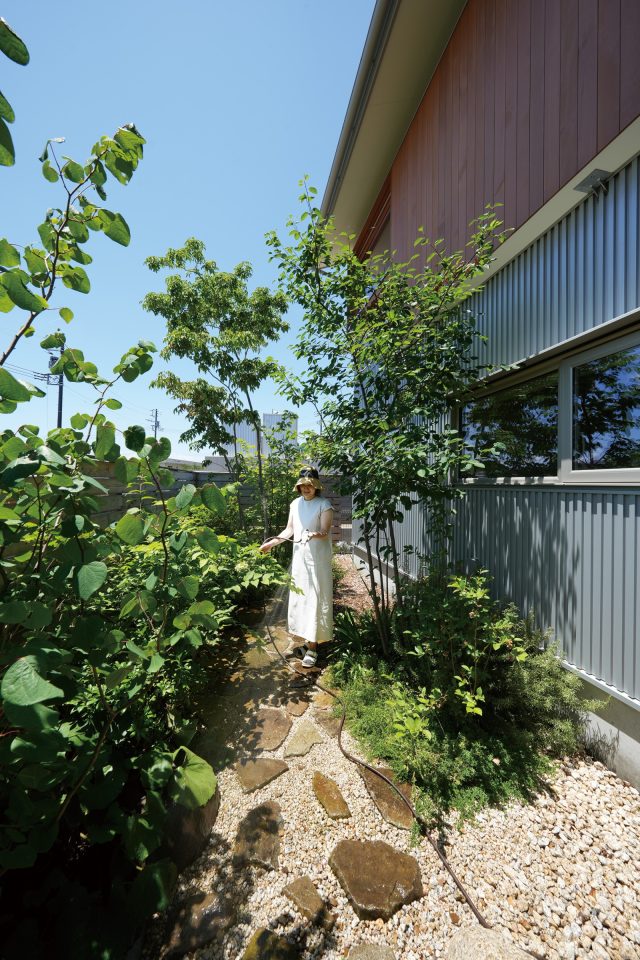 自然な石の配置が小林さんらしい、グリーンが鮮やかな雑木の庭。 窓からの草木の見え方もデザインされています。