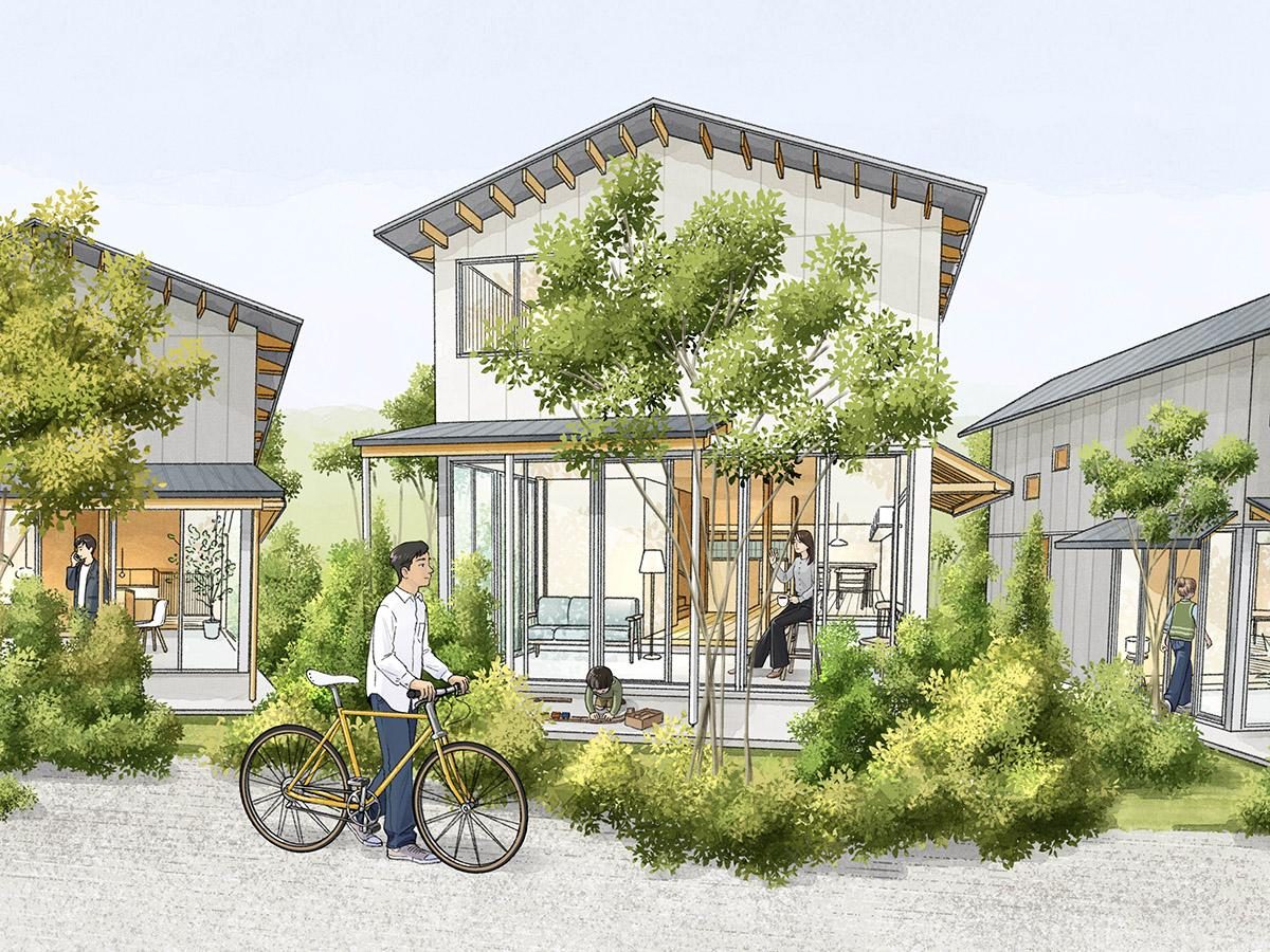 イメージパース：緑豊かな庭に面した土間空間は半屋外的に楽しめます