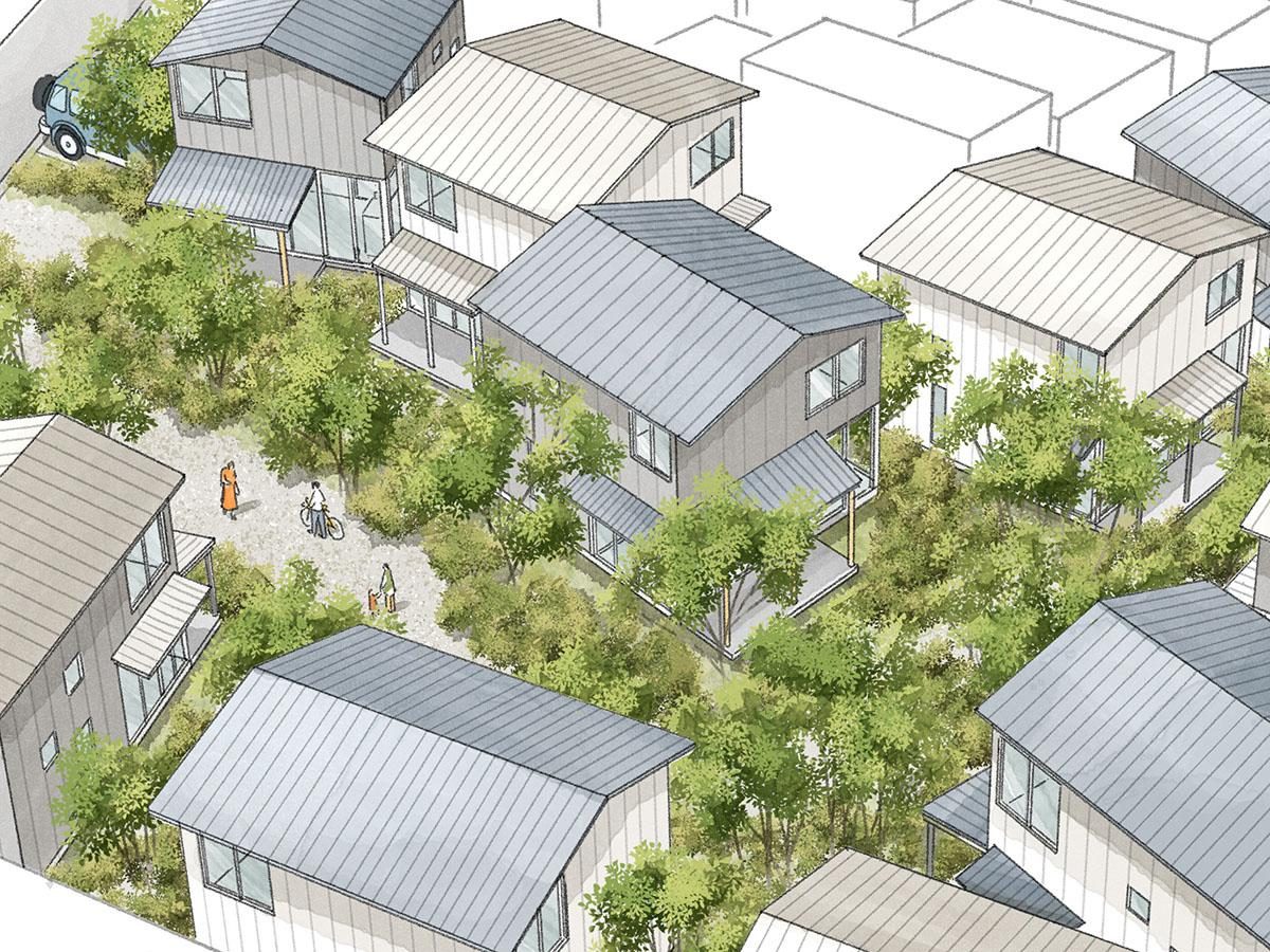 イメージパース：みんなの緑が集まって、森のよう。住宅地の中心に緑地を設けます