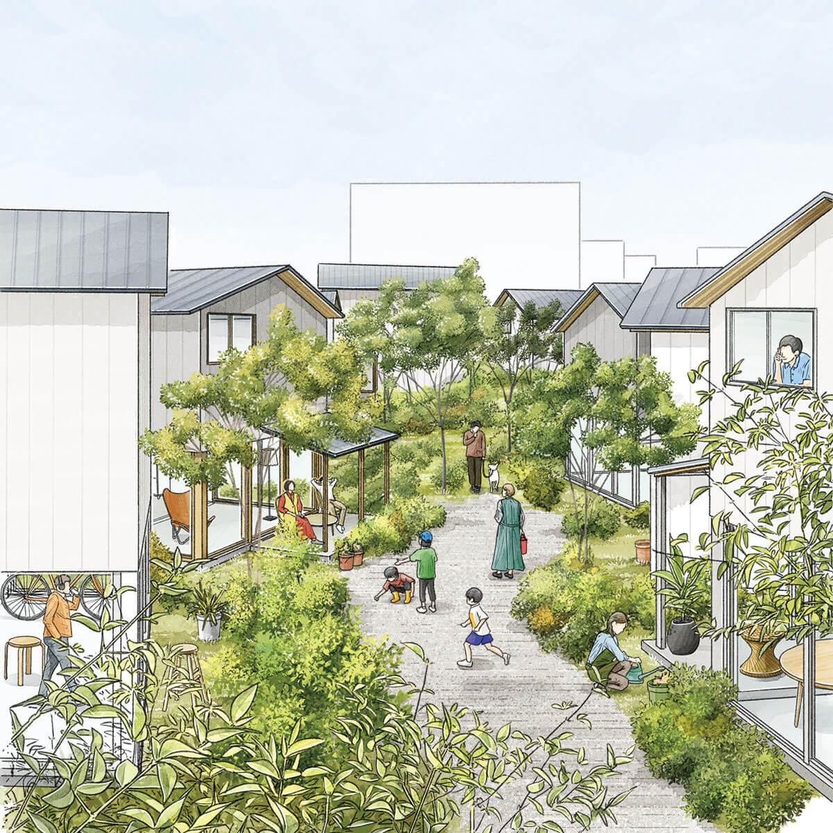 大きな庭にみんなで住むような、木々の緑があふれる住宅地、つくります