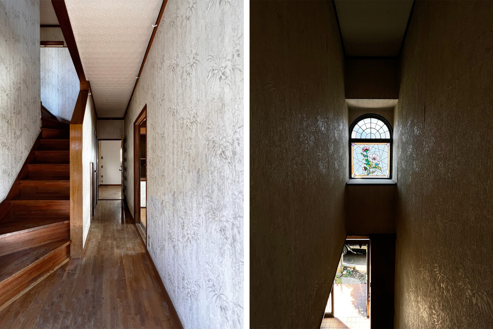 現地の様子（工事前）｜玄関、階段の様子　アーチ窓からの光が印象的です