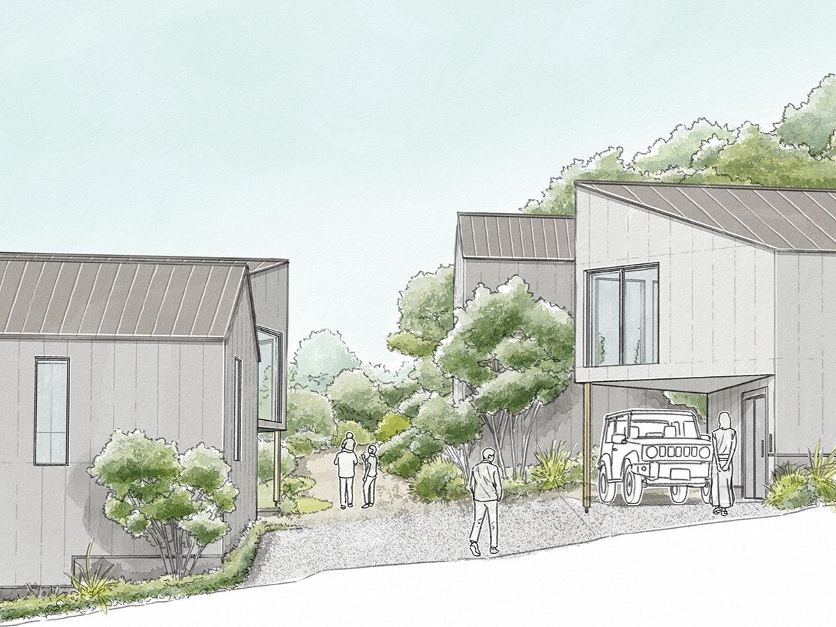 イメージパース。お寺の森とつながる、緑豊かな住宅地をみんなでつくる