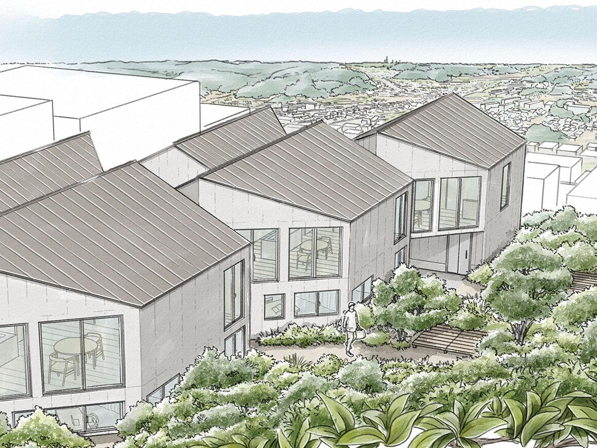 イメージパース。敷地は斜面に位置し、気持ちよく眺望が抜けている