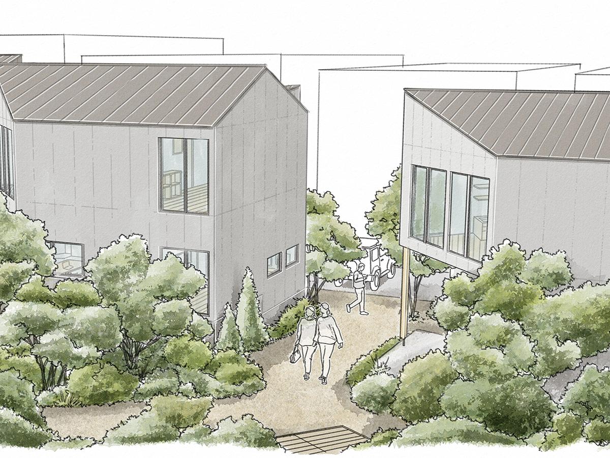 イメージパース。共用通路と共有地があって、住宅地全体や森がつながる計画