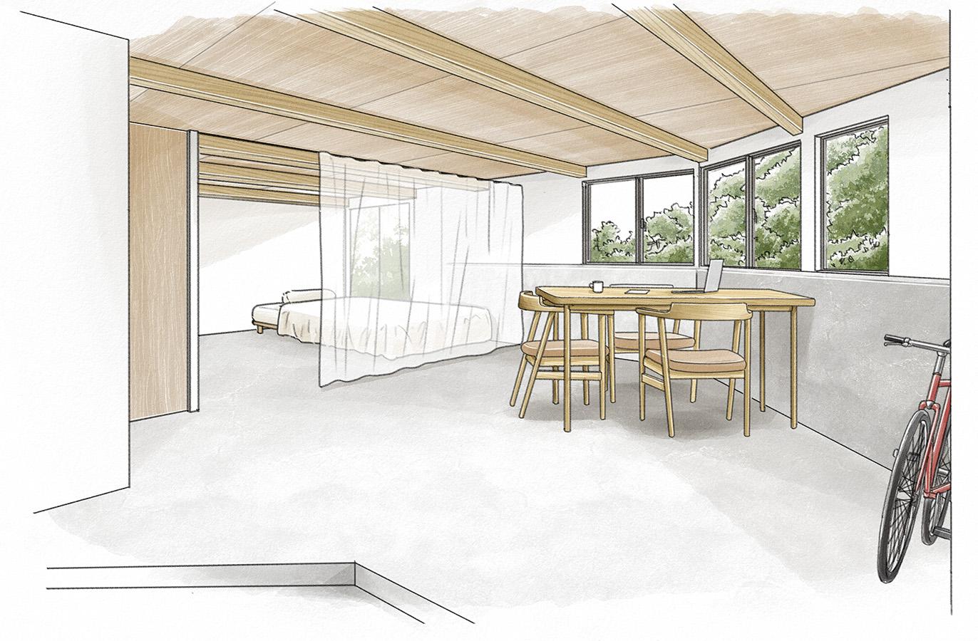 1階内観イメージ。仕事や趣味のスペースなど、自由に使えるように玄関からほぼフラットにつながる広い土間空間。あえてゆるくカーテンで仕切るのもアリかも