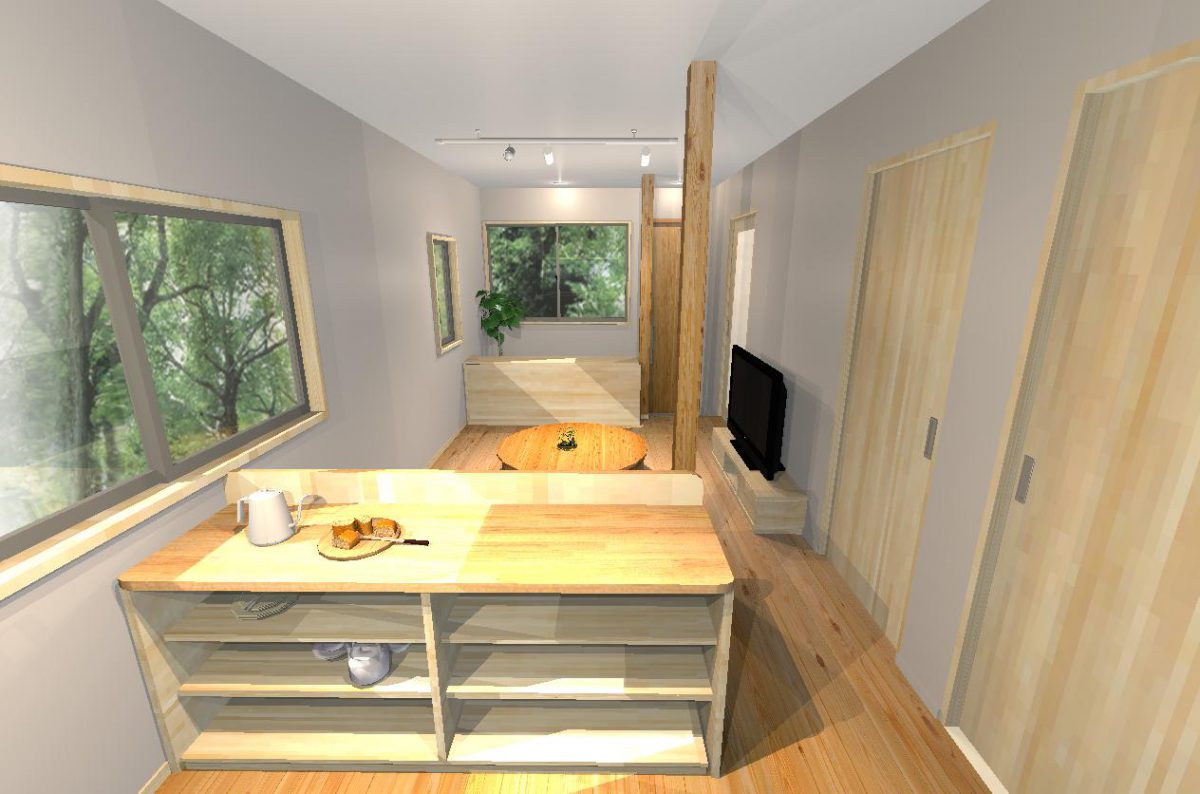 減築プラン案パース　キッチン側からリビングの眺め