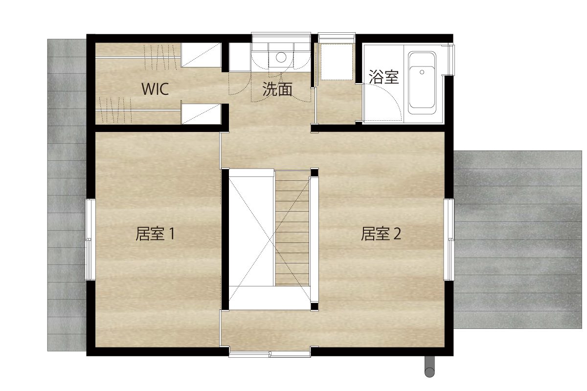 2階…　居室も今はあまり仕切らず広々と使えるように。ライフステージにあわせて間取りを変えられる余白を持たせました。