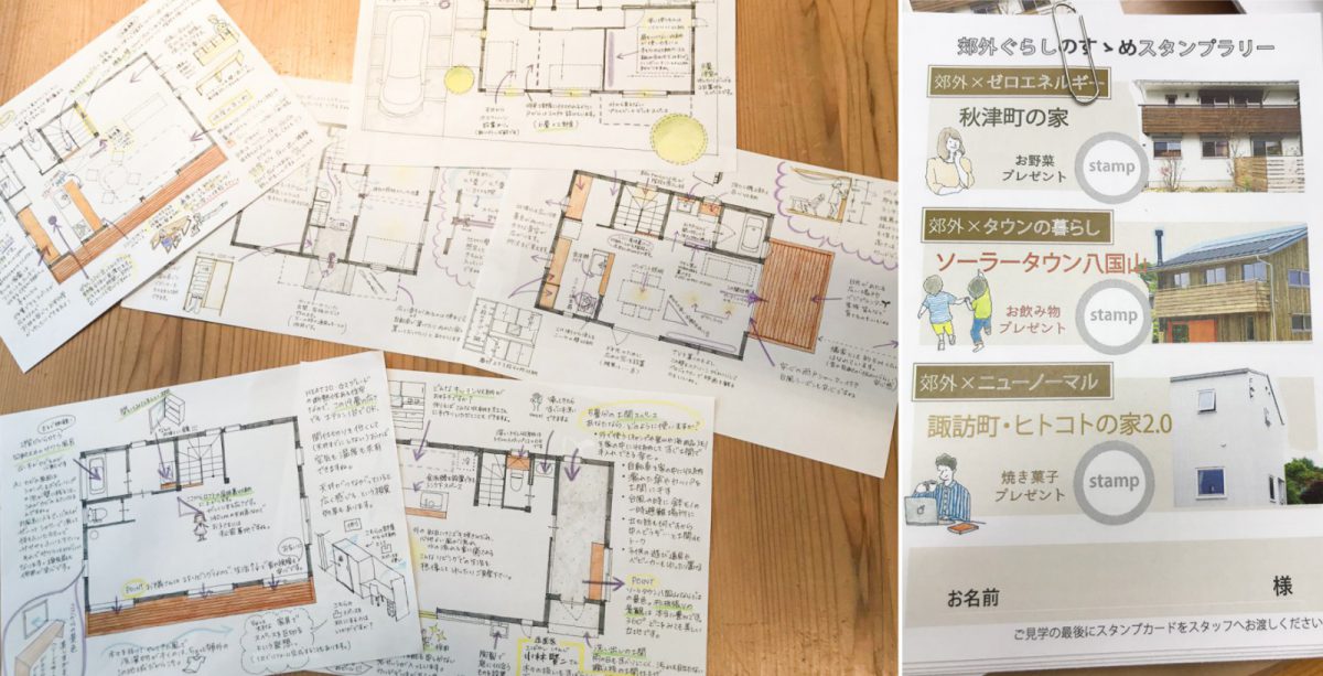 ainoha「つむじ通信」でおなじみ、あいばこ布施がお手製で描き起こした3つの建物の見どころマップも必見！それぞれの建物でスタンプカードも集めてくださいね