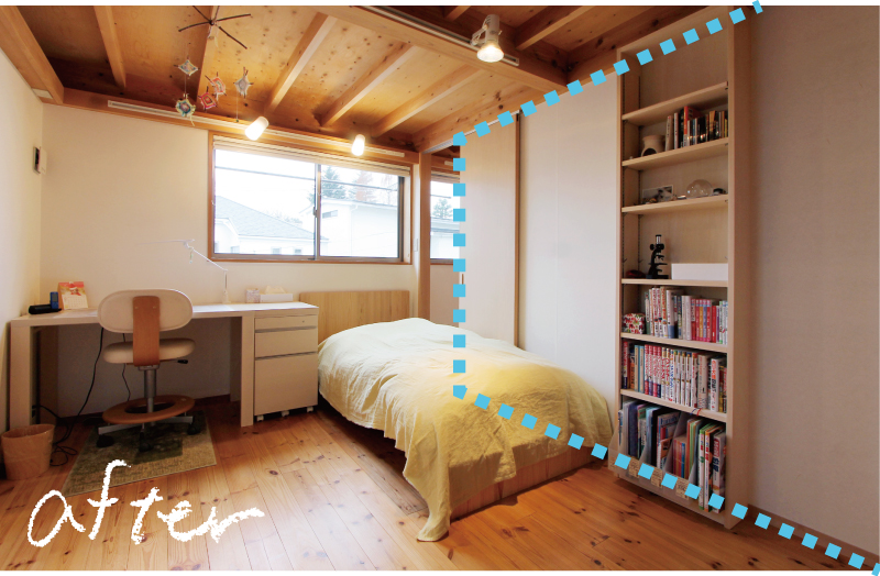 間仕切り完了…壁の取り付け工期は約３日ほど。間仕切り壁の取り付け・取り外しが簡単に行えるのは木造ドミノ住宅ならではです。