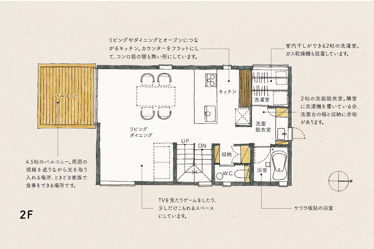 大きなバルコニーを備えた2階バルコニー。外の景色も取り込んで広々と暮らしを楽しんでいただくことができるお住まいです。