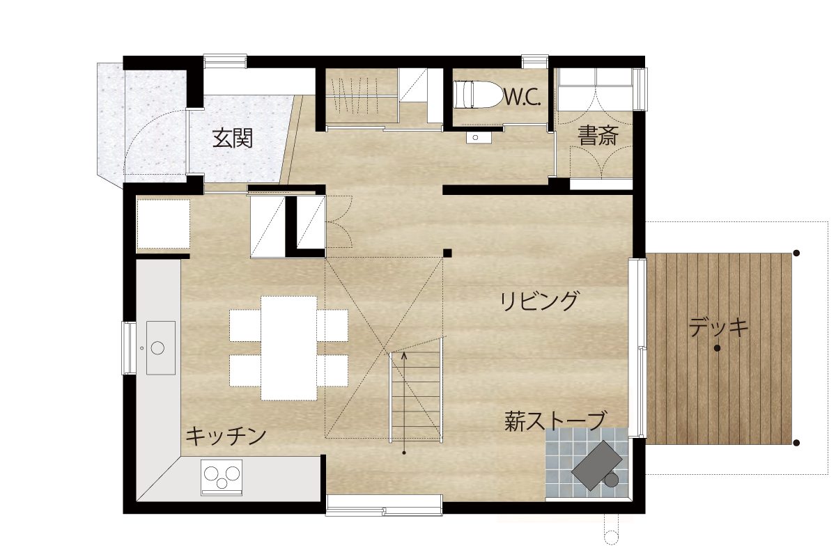 １階…　1階は家族の居場所。L型の広々キッチンや薪ストーブ、大きな屋根付きテラスで暮らしのワクワクが広がります。