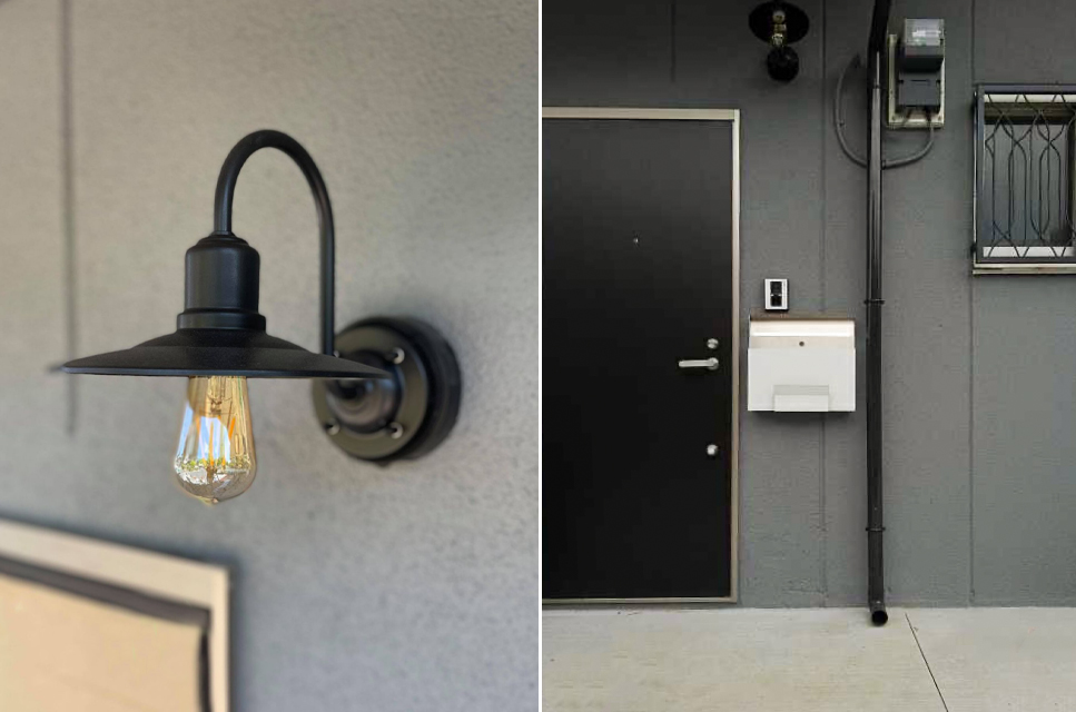 外壁はグレーに塗り替えられ、照明とあわせてシックな雰囲気に。扉は木張りになる予定。