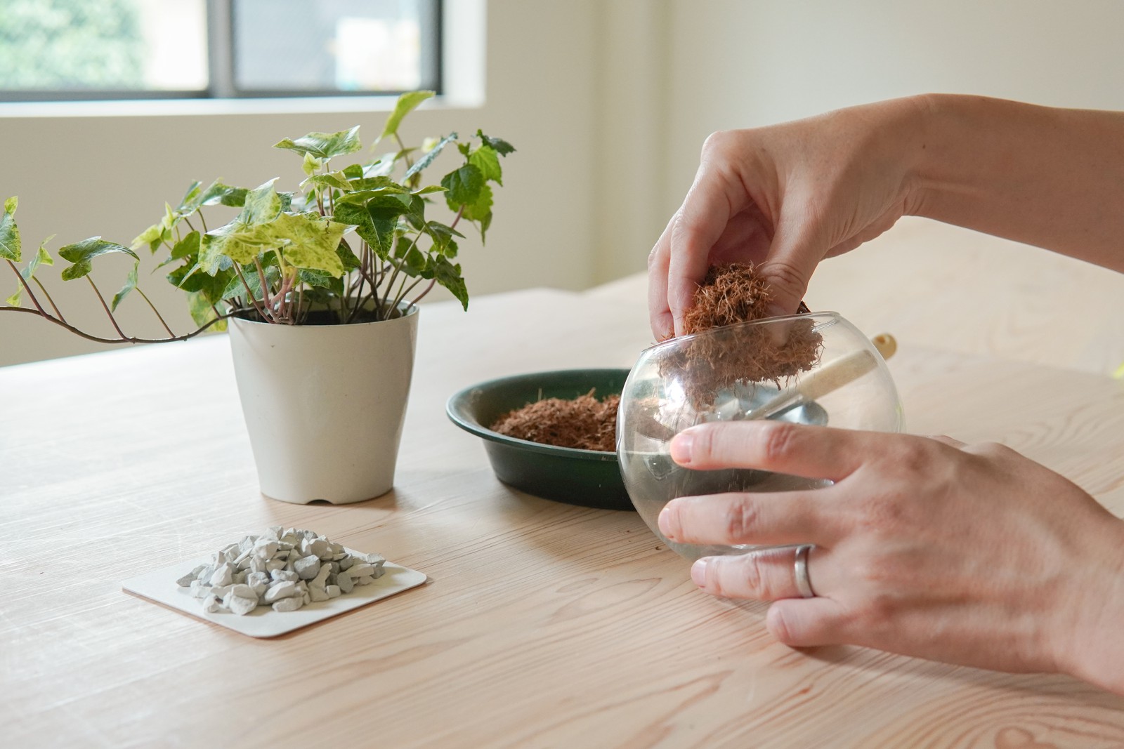 植物の植え込みも一緒に行います。鉢底穴がないので根腐れしないようにひと工夫も。