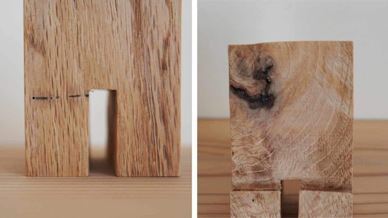 虫食い材やフシの強い材など通常であれば処分してしまうものも活用して製品に。