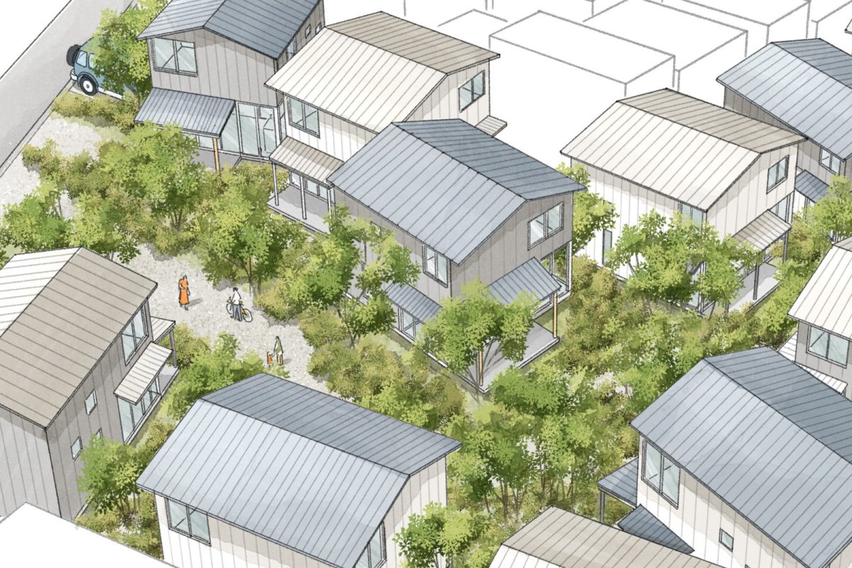 イメージパース：みんなの緑が集まって、森のよう。住宅地の中心に緑地を設けます